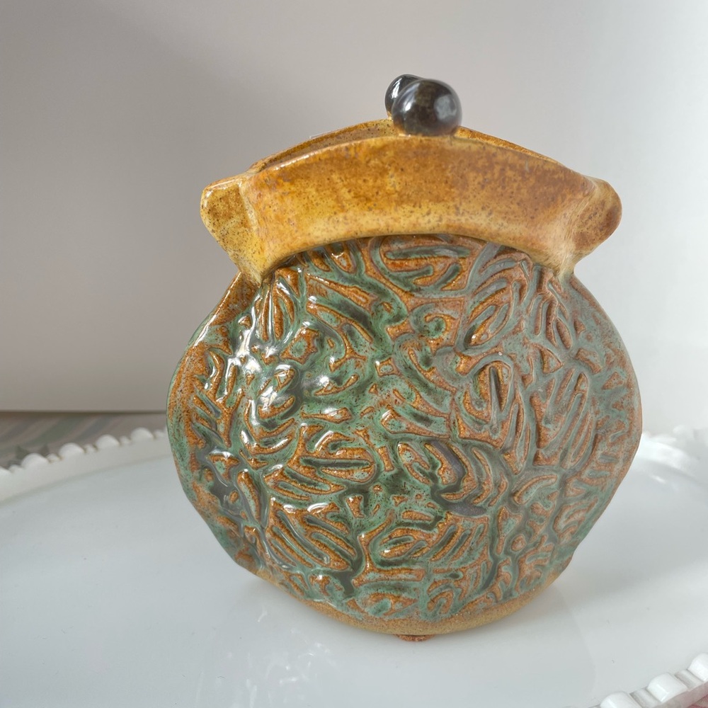 Handcrafted Stoneware Purse Vase with Green and Brown Glaze Signed by Artist - Picture 6 of 17